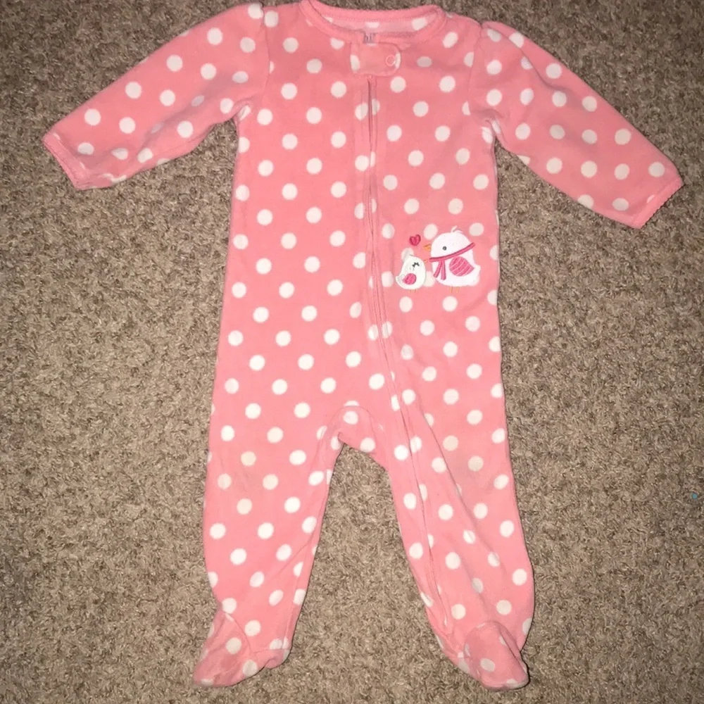 Carter’s Pink Fleece White Polka Dot Warm Zip Up Onesie Footie Pajamas